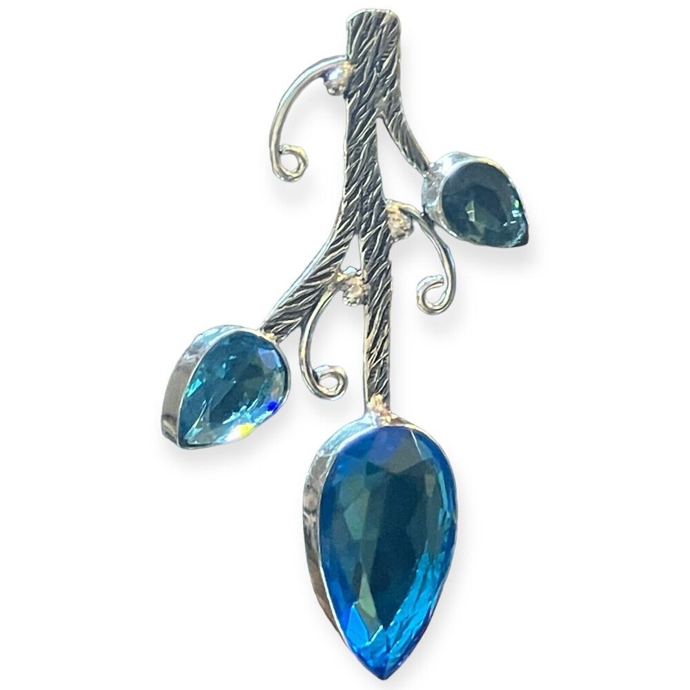 Faux Blue Topaz Stone‎ Nature Plant Flower Bud Leaf Leaves Rose Pendant 2.8"
